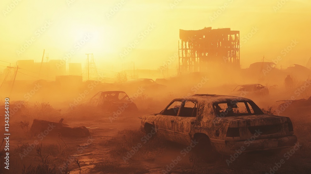 Fototapeta premium Hazy orange sunlight casts an eerie glow over a desolate landscape filled with abandoned cars and crumbling structures