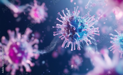 Detailed visualization of a virus in a microscopic view with vibrant colors and intricate structures