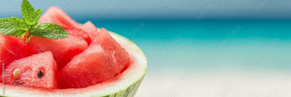 Chopped watermelon in a bowl with mint, summer refreshment, beach picnic, tropical vacation vibes Chopped watermelon in a bowl with mint, summer refreshment, beach picnic, tropical vacation vibes