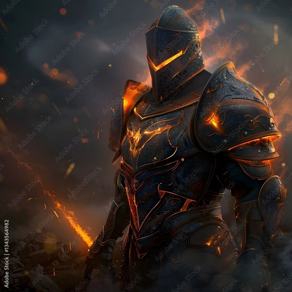 Fototapeta premium Epic Fire Battle Medieval Knight Helmet Warrior Fighter in an Armor