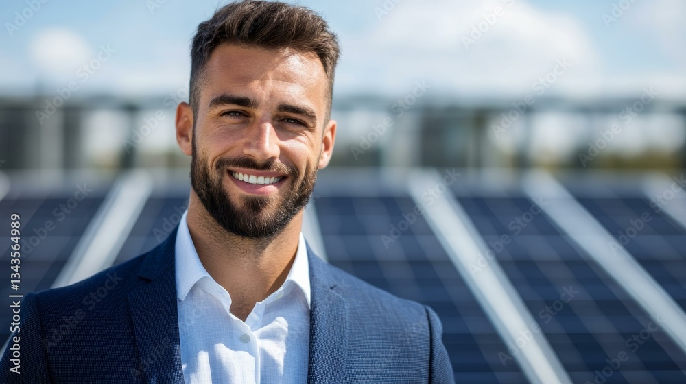Young Caucasian man in suit smiling by solar panels, renewable energy, sustainable business concept Young Caucasian man in suit smiling by solar panels, renewable energy, sustainable business concept