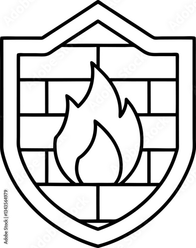 Firewall Security Shield Icon with Flame Cybersecurity Network Protection, Isolated Black Outline, Minimalist Symbol