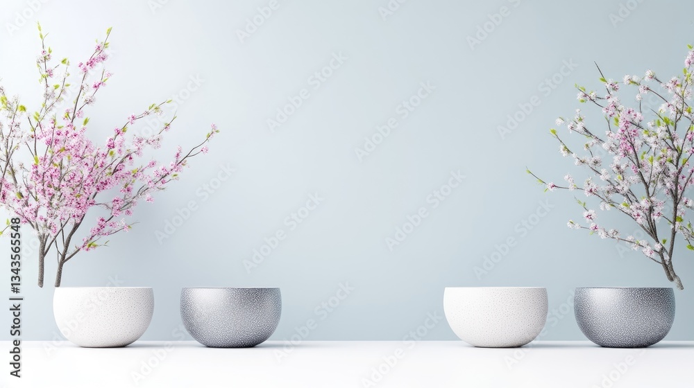 Elegant minimalist scene with flowering branches in modern pots