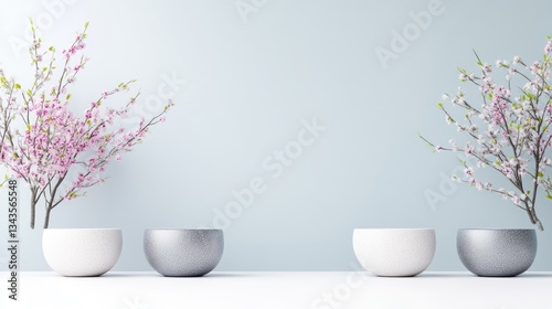 Obraz na płótnie Elegant minimalist scene with flowering branches in modern pots w salonie