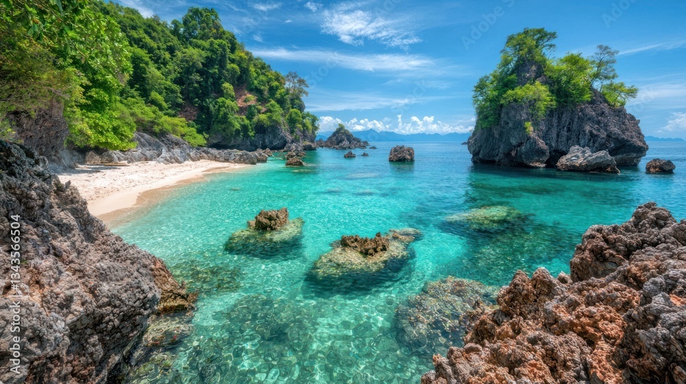 Fototapeta premium A beautiful scenic view featuring beach water and rocky islands