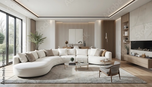 Wallpaper Mural Modern Living Room Showcasing a Curved Sofa Design and Neutral Tones Torontodigital.ca