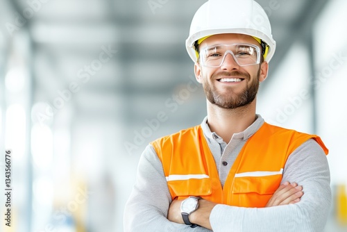 Construction worker smiling and posing confidently in a safety helmet and vest indoors