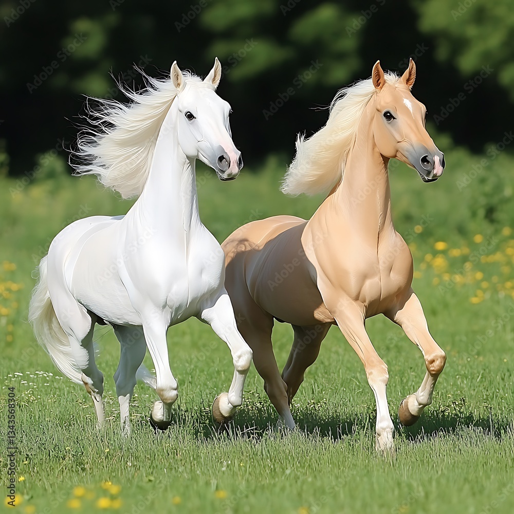 Obraz premium Two beautiful horses running in a field of green grass