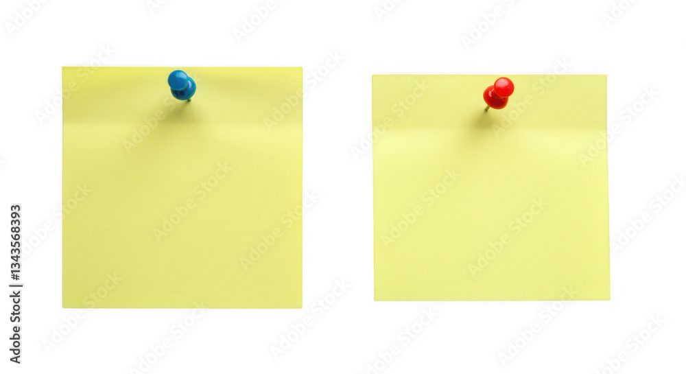 Two yellow sticky notes pinned with a blue and red pushpin space for text