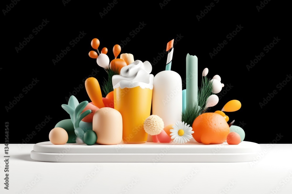 Colorful 3D Arrangement of Drinks and Flowers