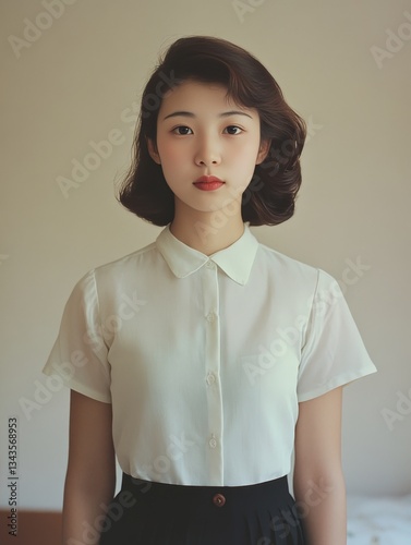 Elegant Portrait of a Young Asian Woman with Short Hair and Classic Attire: A Study in Beauty, Style, and Timeless Elegance