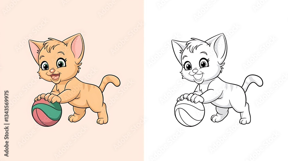 Obraz premium Playful Kitten Cartoon Character with Ball, Color and Black and White