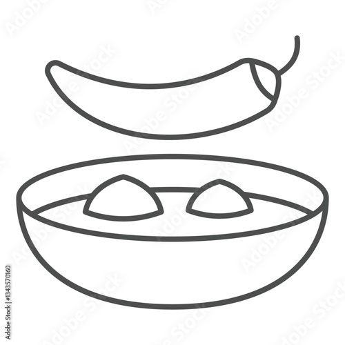 Hot pepper and thai soup plate thin line icon, thailand fastfood concept. Vector graphics. Thai straw sign on white background, outline style icon for mobile or web design.