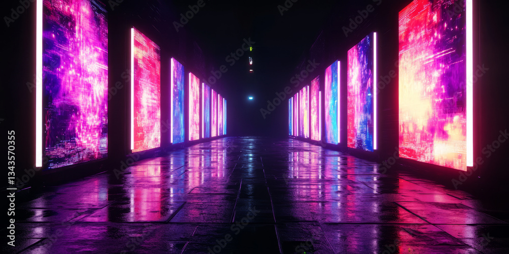 A cyberpunk-style 3D background featuring a dark alley illuminated by neon holographic billboards. The wet pavement reflects the vibrant lights, creating a gritty yet futuristic atmosphere with high