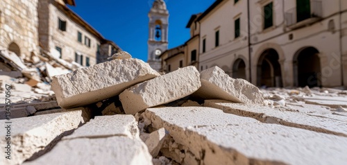 Fototapeta Naklejka Na Ścianę i Meble -  Earthquake Aftermath Bricks Pile With Bell Tower Landscape in Italy Urban City Destruction Ruins