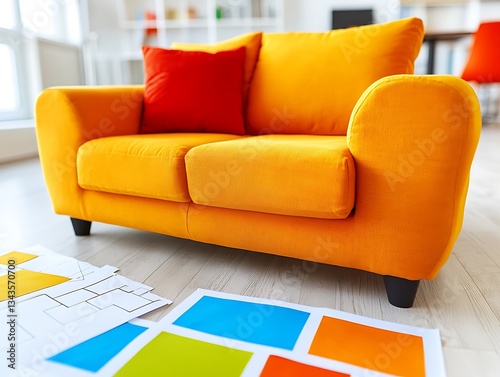 Bright yellow loveseat with a red pillow and design papers