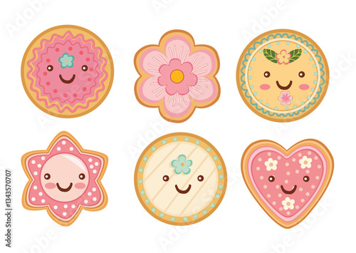  Set of kawaii food cookies in cartoon style