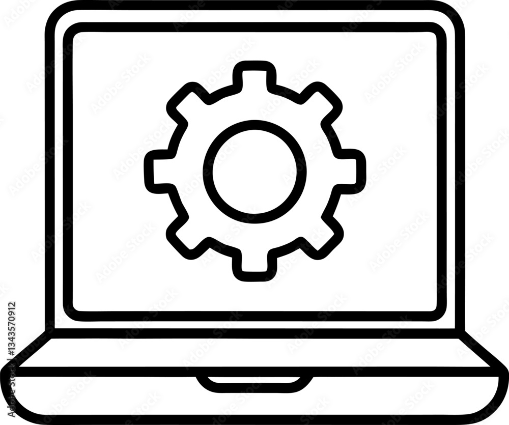 Modern Line Art Laptop with Gear Icon Technology, Settings, and Software Concept Illustration Modern Line Art Laptop with Gear Icon Technology, Settings, and Software Concept Illustration