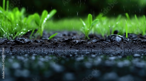 Freshly planted seedlings in rich soil during a light rain