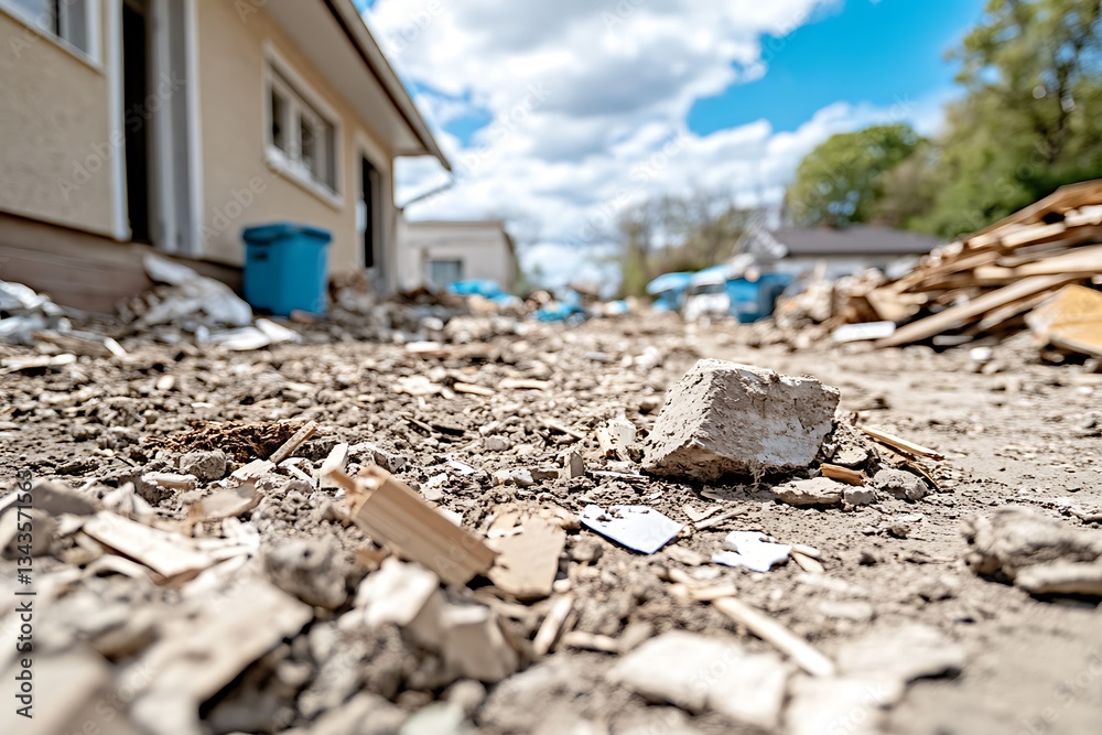 A construction site shows debris around a residential home structure A construction site shows debris around a residential home structure