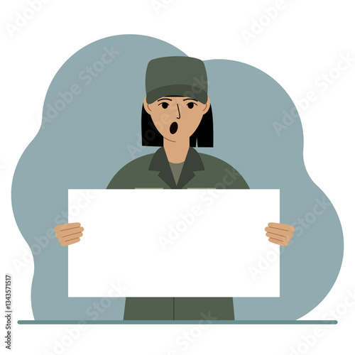A military man in uniform holds a white sheet of paper in his hands. Concept for advertising, poster, banner. Vector flat illustration