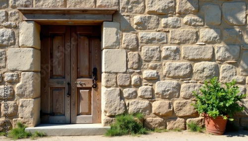 A beautiful old wooden door with intricate carvings and a rusty iron knocker on a old stone wall, carvings, ironwork
