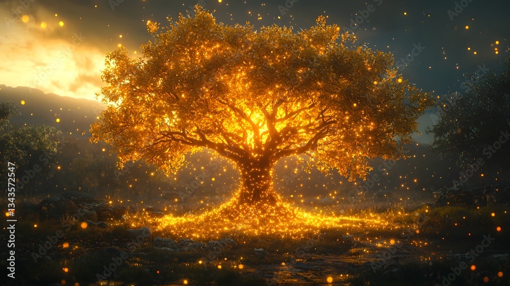 Fototapeta premium Glowing autumnal tree in a magical landscape