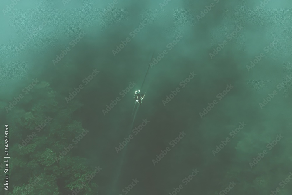 Aerial view of a small aircraft flying through dense fog over a lush jungle. A misty, ethereal scene