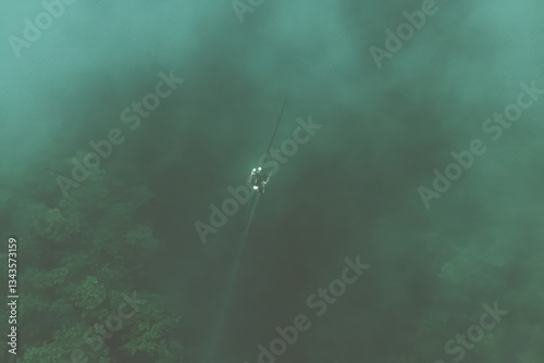 Obraz na płótnie Aerial view of a small aircraft flying through dense fog over a lush jungle. A misty, ethereal scene w salonie