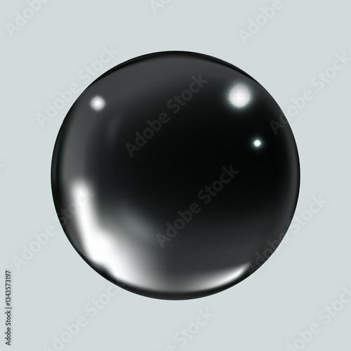 Realistic glossy black glass ball.Abstract 3D light bubble with glare.Geometric abstract shape.