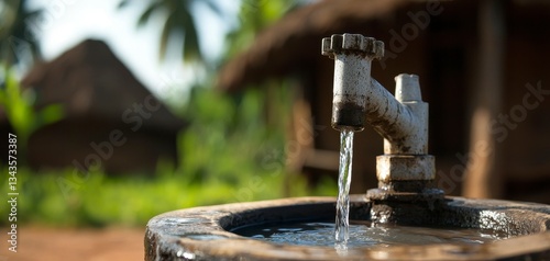 Life Source Open Tap Stand Providing Clean Water in African Village Rural Scenery Perspective