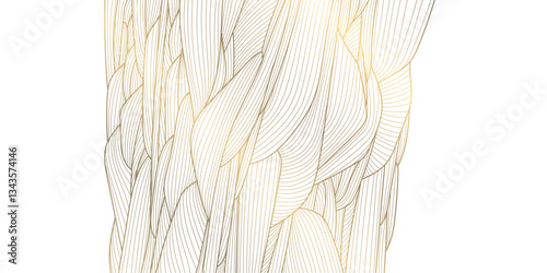 Vector gold line wave, abstract luxury fancy background. Glitter premium banner, curve elegant ornament, cloud japanese poster. Leaves, water, organic wallpaper