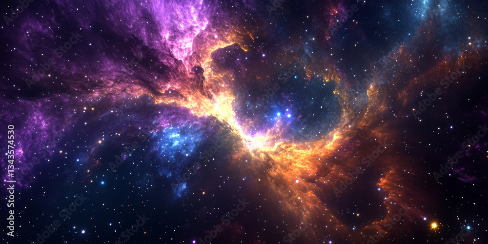 Fototapeta premium A cosmic 3D background depicting an immense galactic nebula swirling with vibrant hues of deep purple, electric blue, and fiery orange. The countless stars scattered throughout the expanse create a