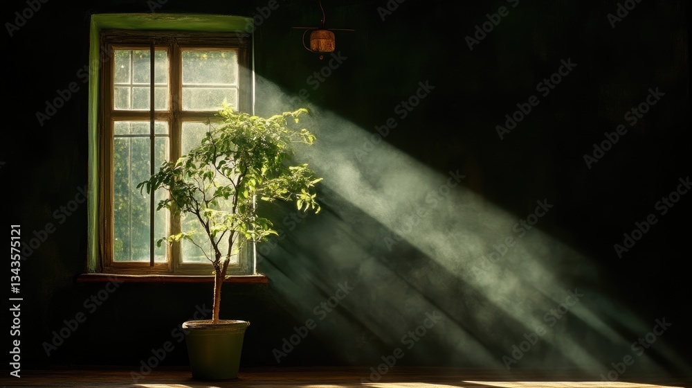 Sunlight streams into a dark room, illuminating a small potted plant by a window
