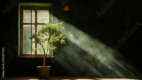 Obraz na płótnie Sunlight streams into a dark room, illuminating a small potted plant by a window w salonie