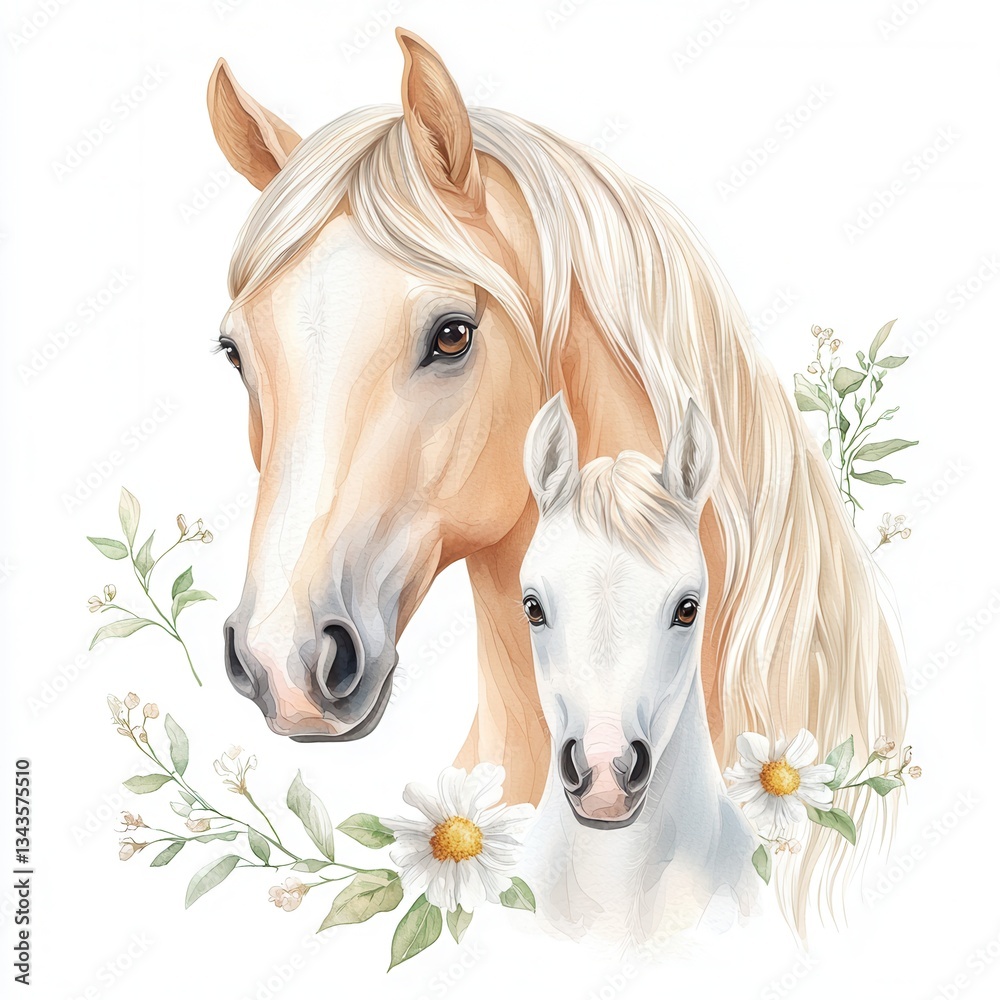 Obraz premium Cute watercolor mother and baby farm animals clipart concept. A beautiful illustration of a mare and her foal, surrounded by delicate flowers, showcasing the bond between them and the beauty of nature