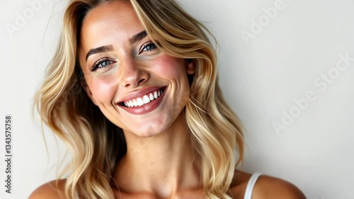 portrait of a smiling woman with blonde wavy hair, bright eyes, clear skin, and a perfect white smile