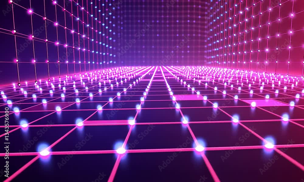 Abstract neon tunnel with vibrant grid pattern in blue and pink shades creating a futuristic digital environment ideal for technology or sci-fi themes