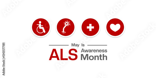 May is ALS Awareness Month. People, cell, plus icon and heart. Great for posters, banners, social media and more. White background. 