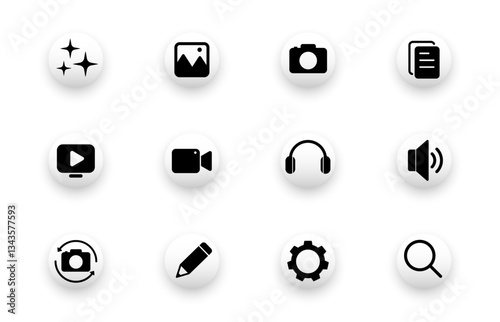 Solid vector icon set with media, camera, video, audio, editing icons.