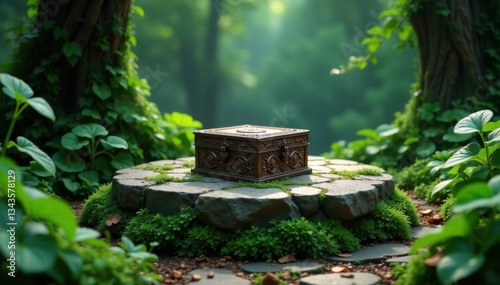 Ancient stone pedestal surrounded by lush greenery and vines, with a small, intricately carved wooden box in the center , wood, outdoor