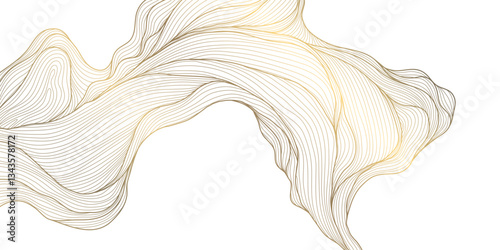 Vector gold line wave, abstract luxury fancy background. Glitter premium banner, curve elegant ornament, cloud japanese poster. Leaves, water, organic wallpaper