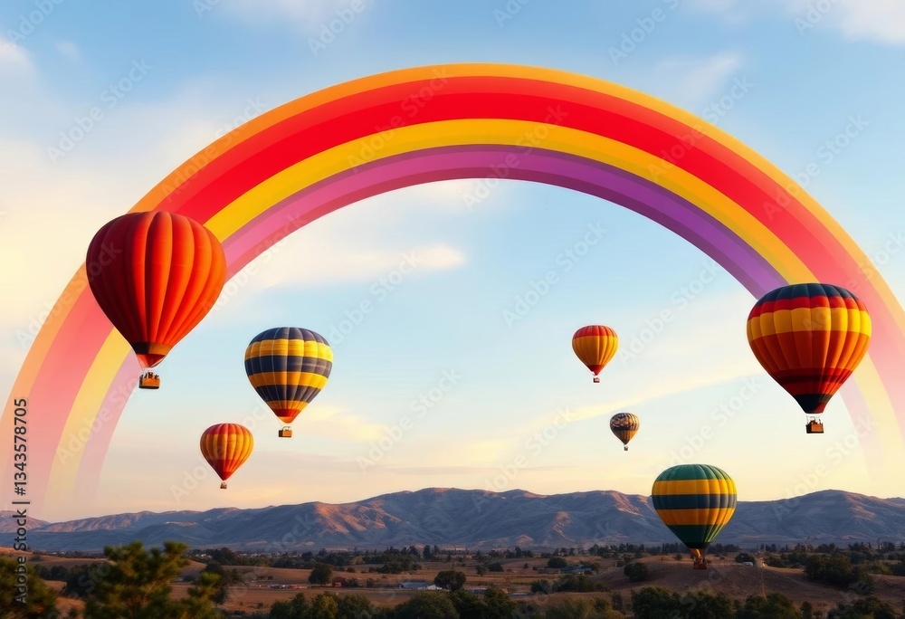 Obraz premium Vibrant vector hot air balloons & rainbow arc against a textured sky, cheerful, freedom