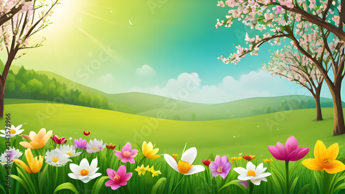 Blooming flowers and cherry trees welcoming spring in a sunny green valley