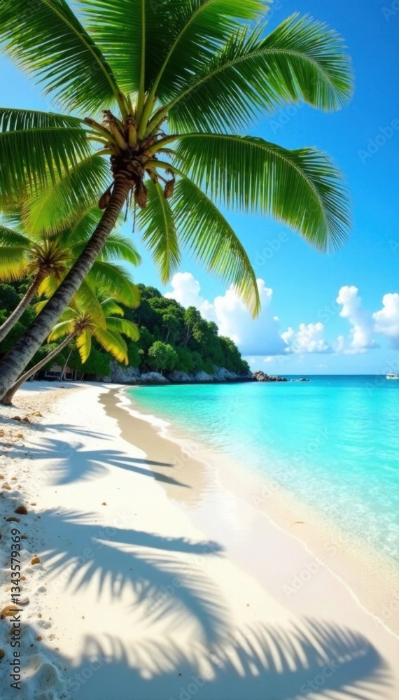 Fototapeta premium Beach with palm trees and crystal clear water, island life, beach vacation