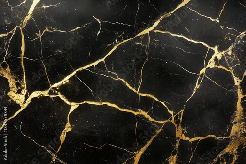 The abstract image showcases black marble with golden veins throughout