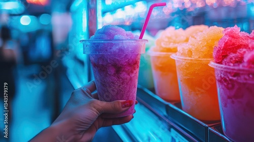 A hand holds a colorful slushy in a plastic cup