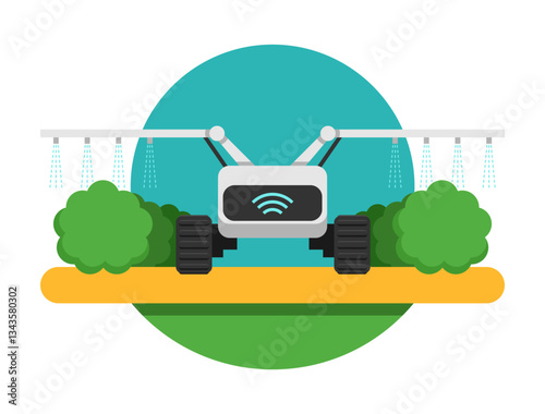 Agricultural robot for watering and pesticide spraying, in flat colors