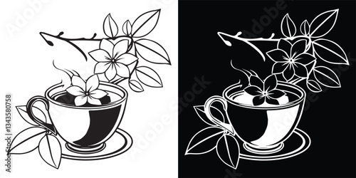 cup of coffee with heart A steaming coffee cup with heart-shaped steam and botanical flowers intricate line art book vector design, Vector illustration.