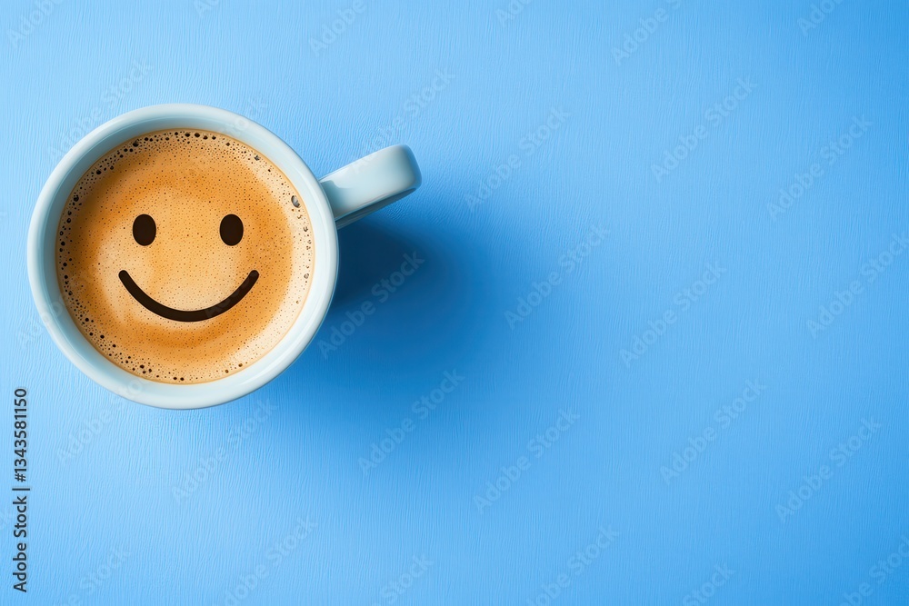 Coffee cup with a smiley face on a bright blue background. Coffee cup with a smiley face on a bright blue background.